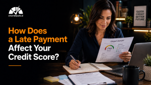 Woman reviewing a credit report and taking notes at a desk beside a laptop, with text reading “How Does a Late Payment Affect Your Credit Score?” and SmartDispute.ai branding.